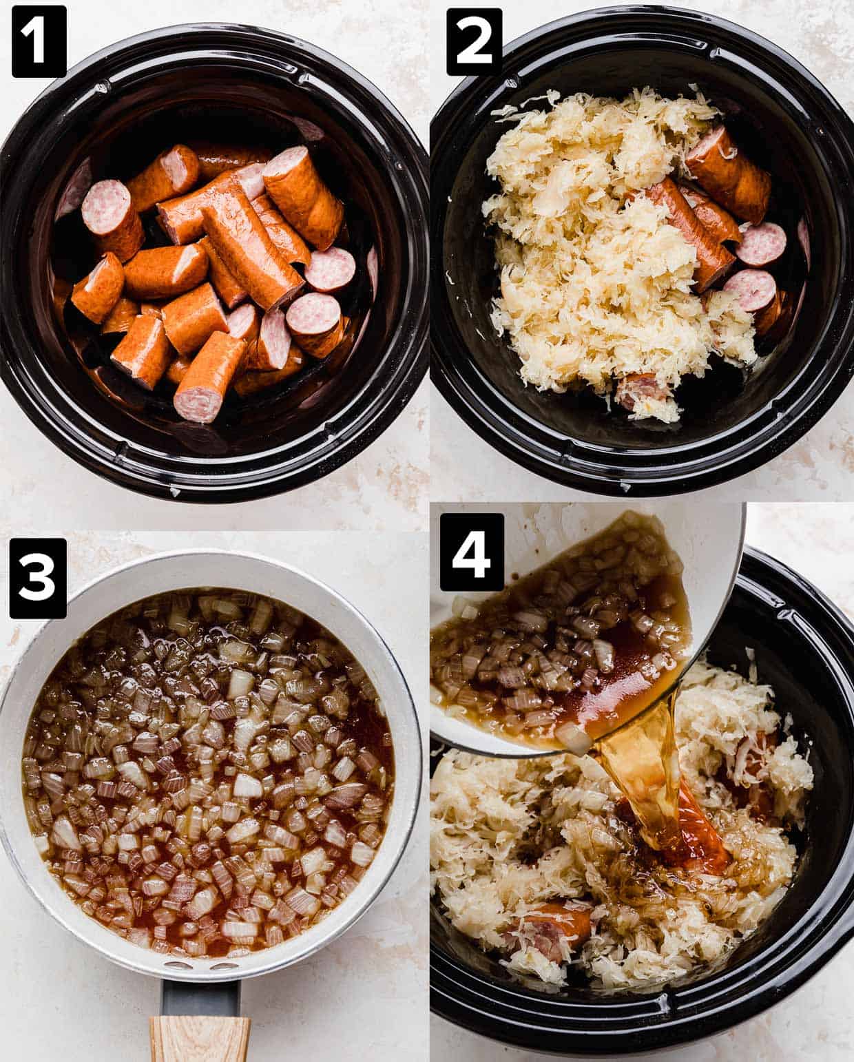 Four images showing the making of Crock Pot Kielbasa and Sauerkraut in a black slow cooker.