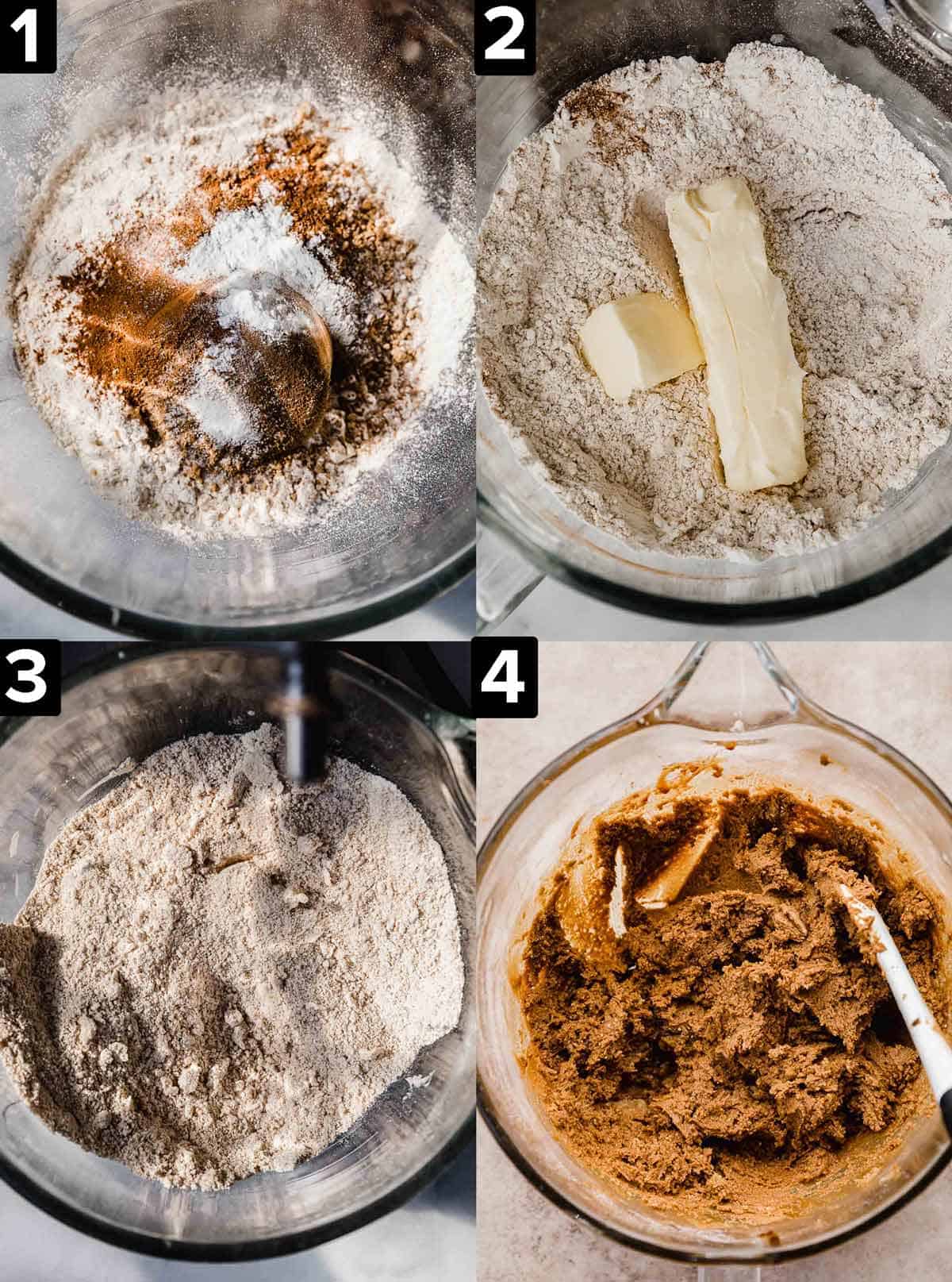 Four photos showing the process of how to make gingerbread man cookie dough.