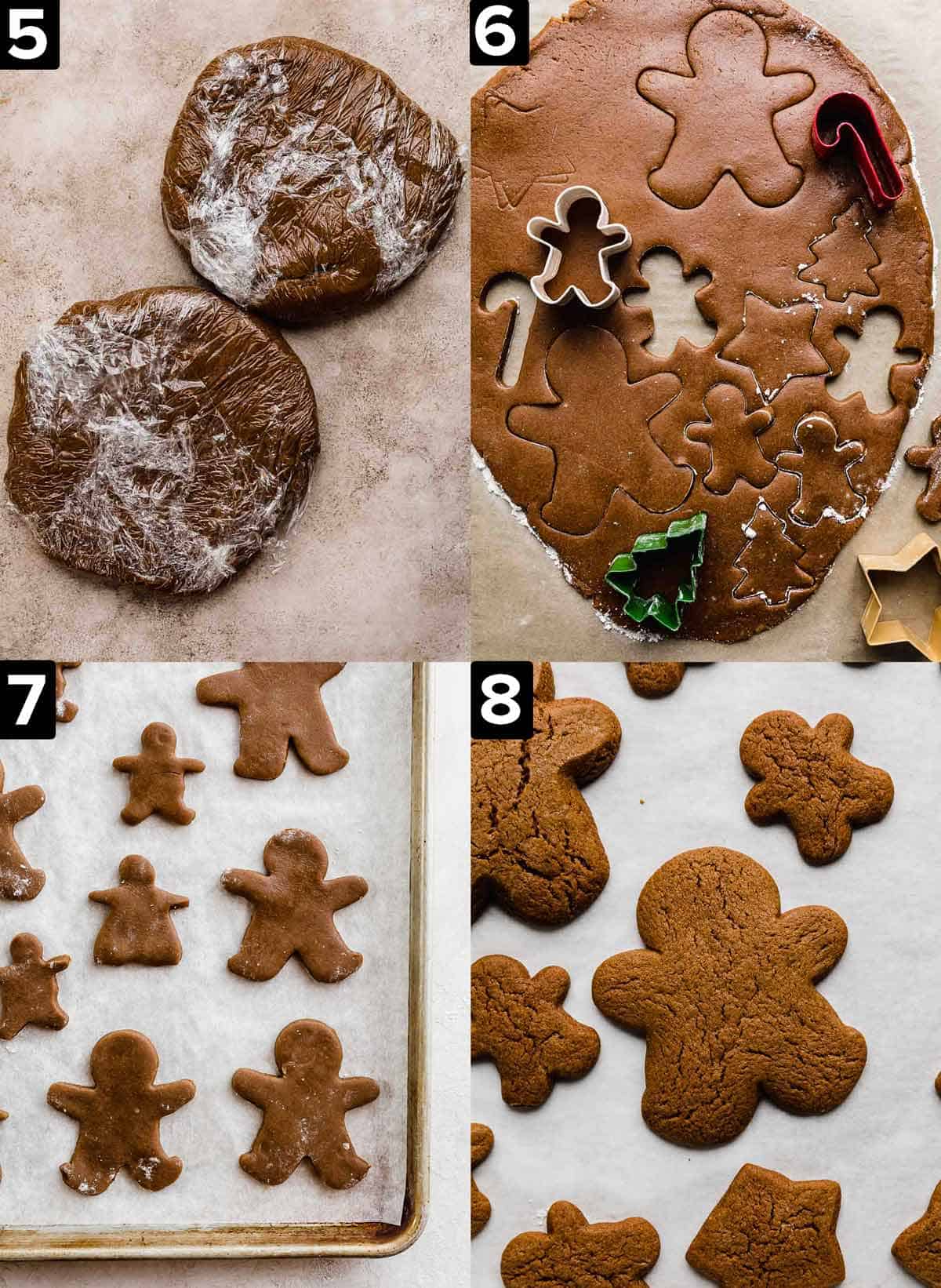 Four images showing gingerbread cookie dough rolled and cut into gingerbread man shapes, then with the unbaked and baked cookies on a baking sheet.