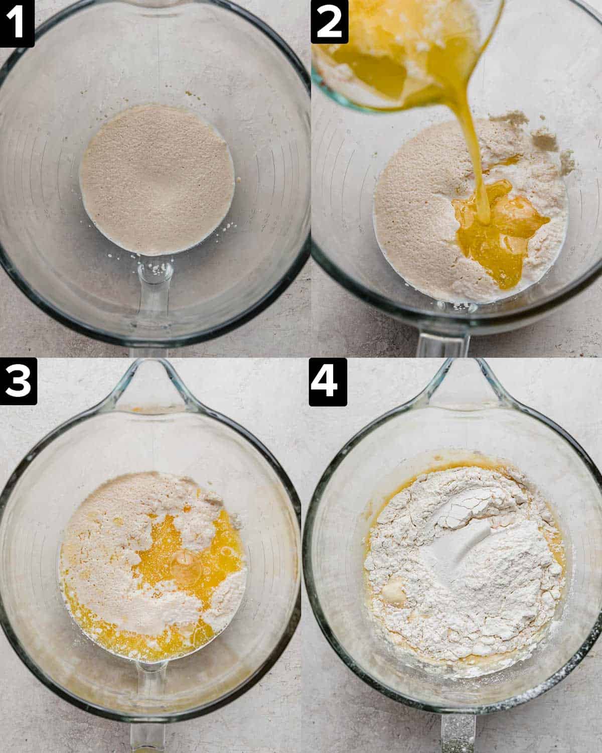 Four images showing how to make Belgian Liege Waffle dough using yeast, milk, melted butter, and flour.