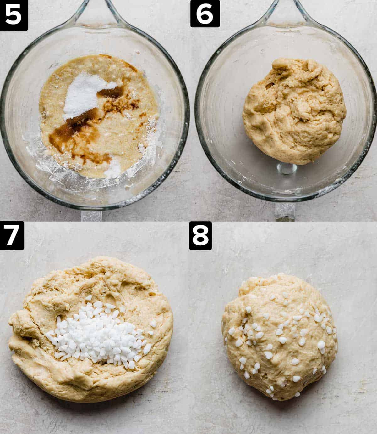 Four images showing the making of liege waffle dough in a glass bowl, then bottom two images are of pearl sugar mixed into the dough.