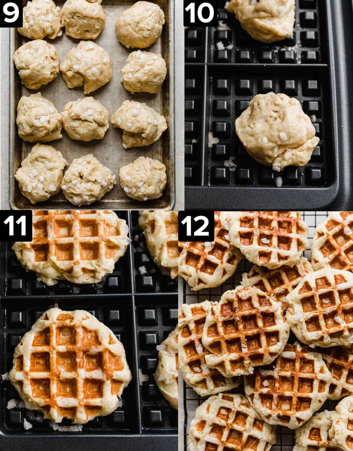 Belgian liege waffles with pearl sugar portioned into 12 balls. Top right photo is liege dough on a waffle iron. Bottom left photo is a cooked liege waffle. Bottom right photo is a stack of golden Belgian Liege Waffles.