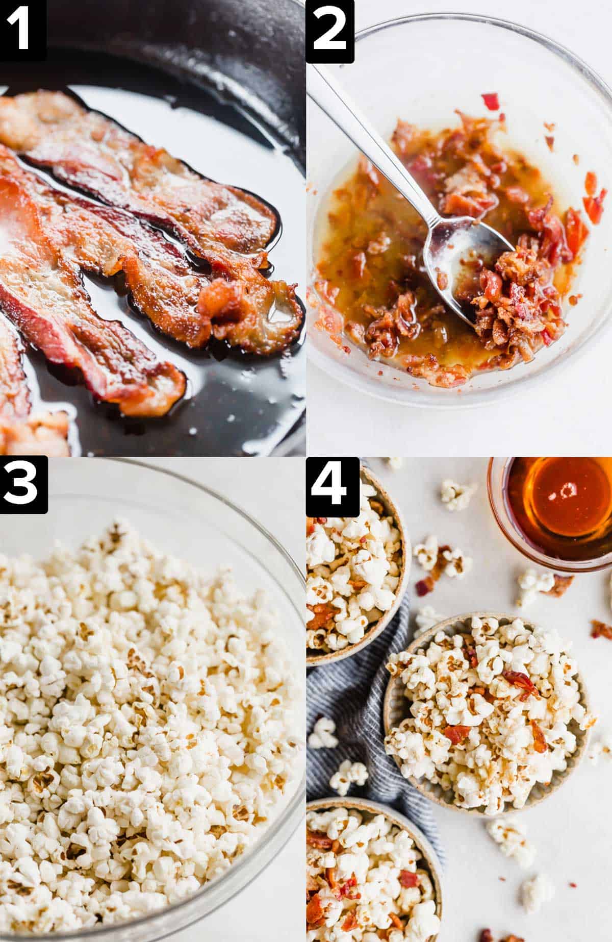 Top left image: bacon cooking in a black skillet. Top right image: bacon crumbled in a bowl mixed with maple syrup. Bottom left: popcorn in a glass bowl. Bottom right: maple bacon popcorn in bowls.