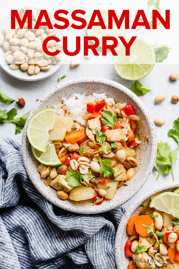 Massaman curry is an easy Thai recipe. This Massaman Curry recipe is loaded with chicken, vegetables, coconut milk, peanuts, and delicious Thai seasonings. #saltandbaker #thaicuisine #massamancurry #curry
