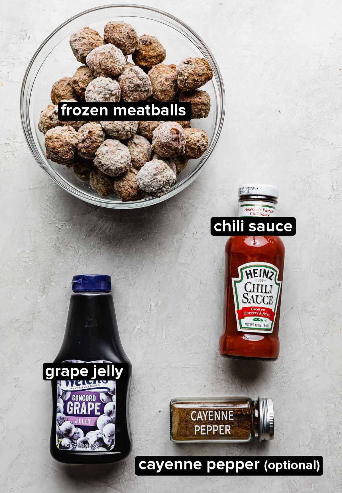 Grape Jelly Meatball ingredients on a white background.