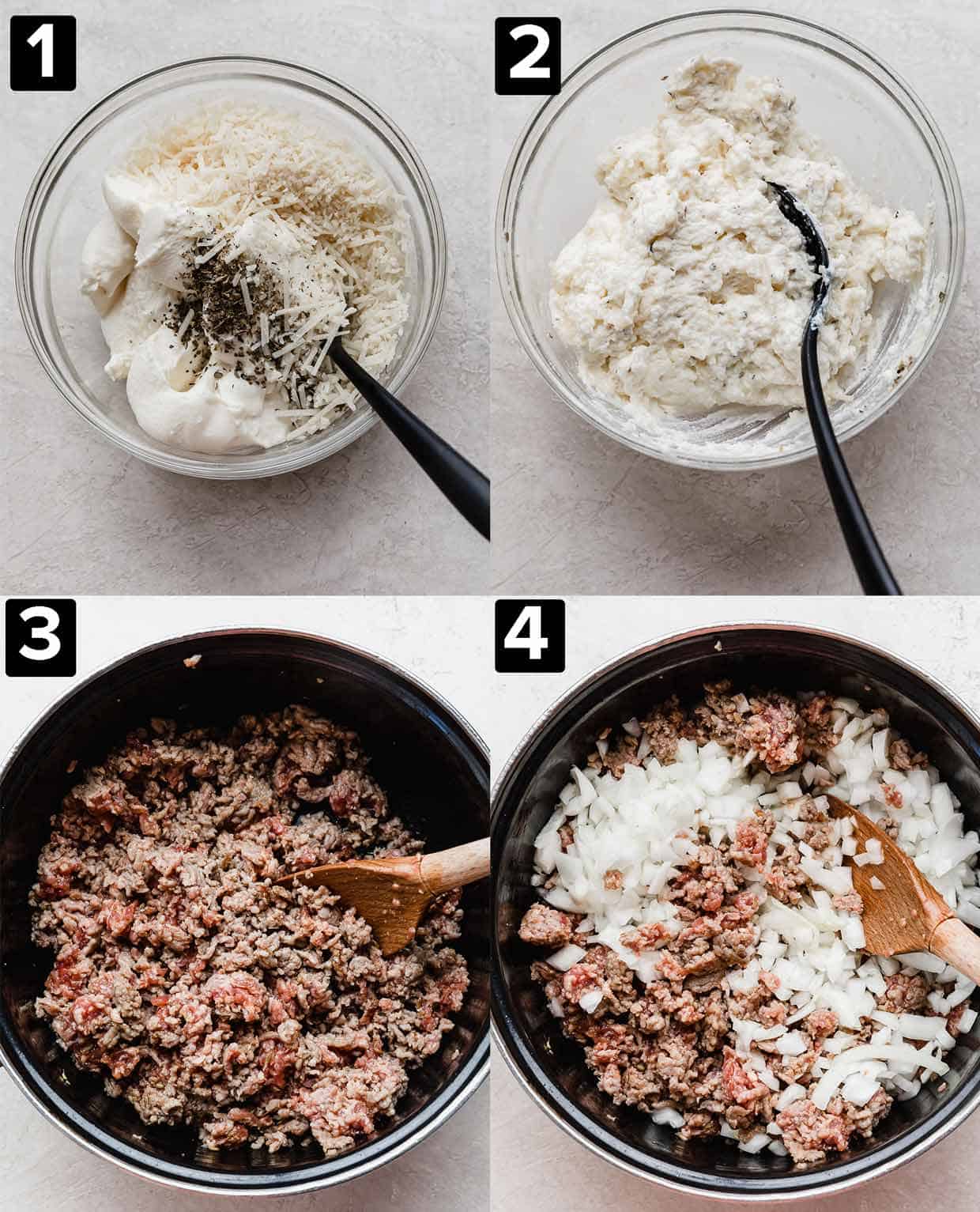 Four photos showing the making of Cheesy Sausage Lasagna Soup; the top two photos are a glass bowl with herb ricotta mixture in it.