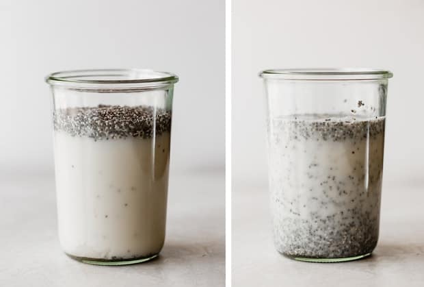 Two side by side photos of chia pudding in the making; the left has almond milk in a large glass jar with chia seeds floating on the surface. The right photo is of the glass jar and almond milk with the chia seeds evenly distributed in the milk.