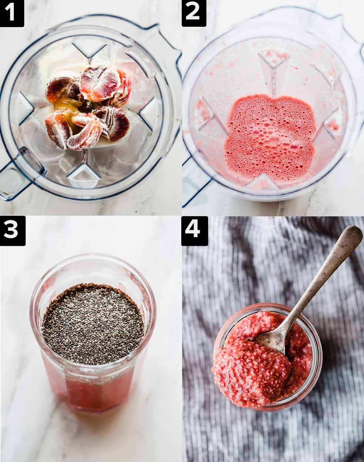Four images showing how to make Blood Orange Chia Pudding.