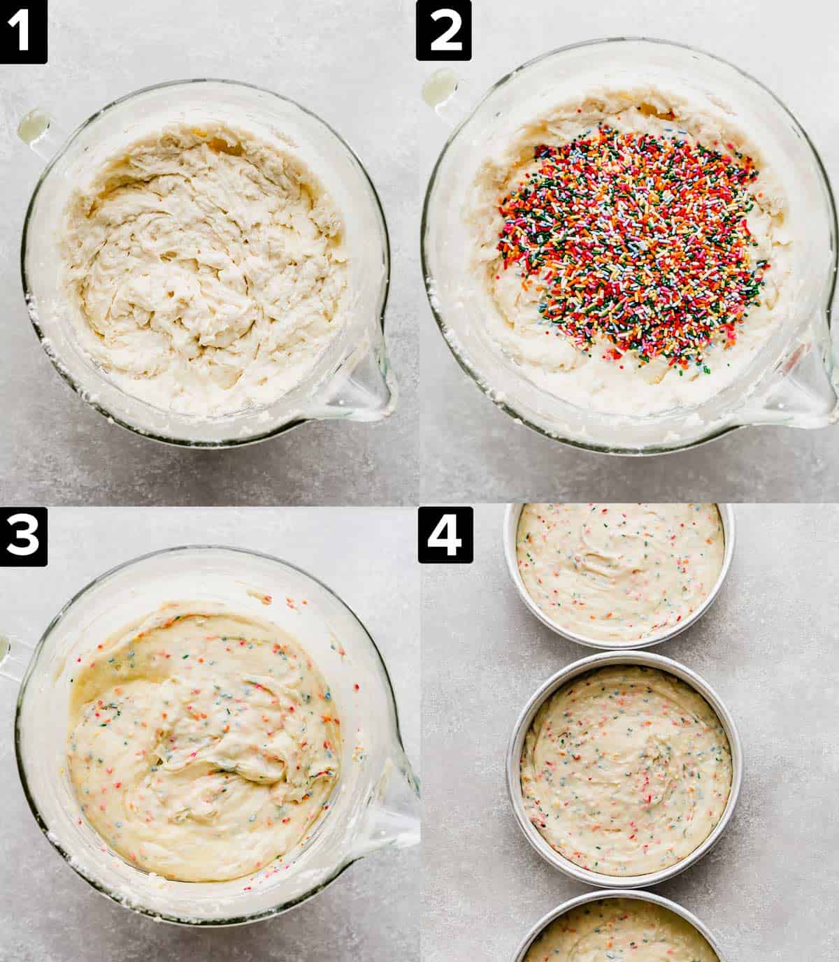 Four images showing how to make homemade funfetti cake batter.