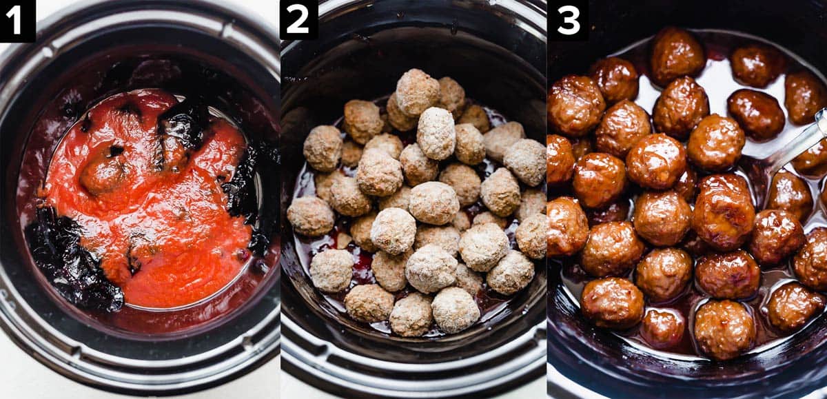 Three images showing a black crock pot with chili sauce and grape jelly, frozen meatballs, then cooked Grape Jelly Meatballs in the slow cooker.