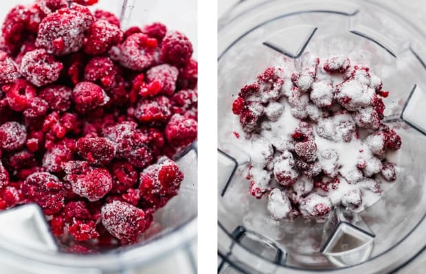 Photo collage, left photo is frozen raspberries in a blender; right photo is of frozen raspberries and granulated sugar in a blender.