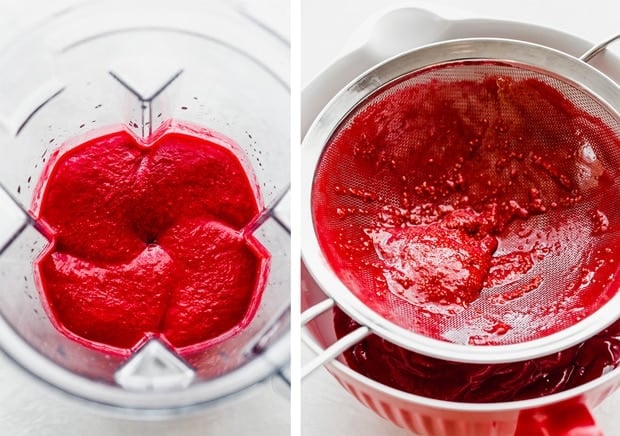Two photos, the left is a raspberry puree in a blender, the right photo is a fine mesh strainer full of raspberry seeds after the raspberry sorbet passed through the strainer.