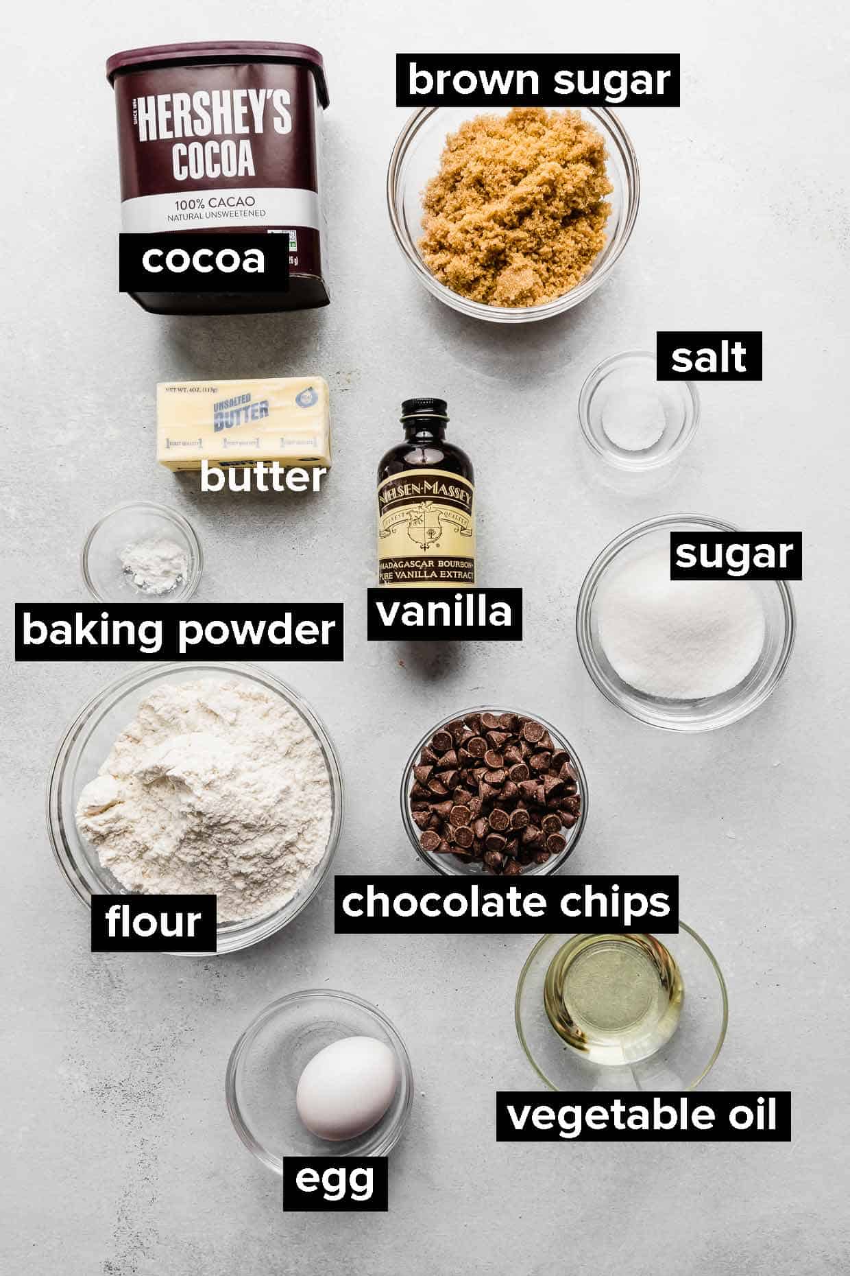 Ingredients used to make fudgy brownie cookies.