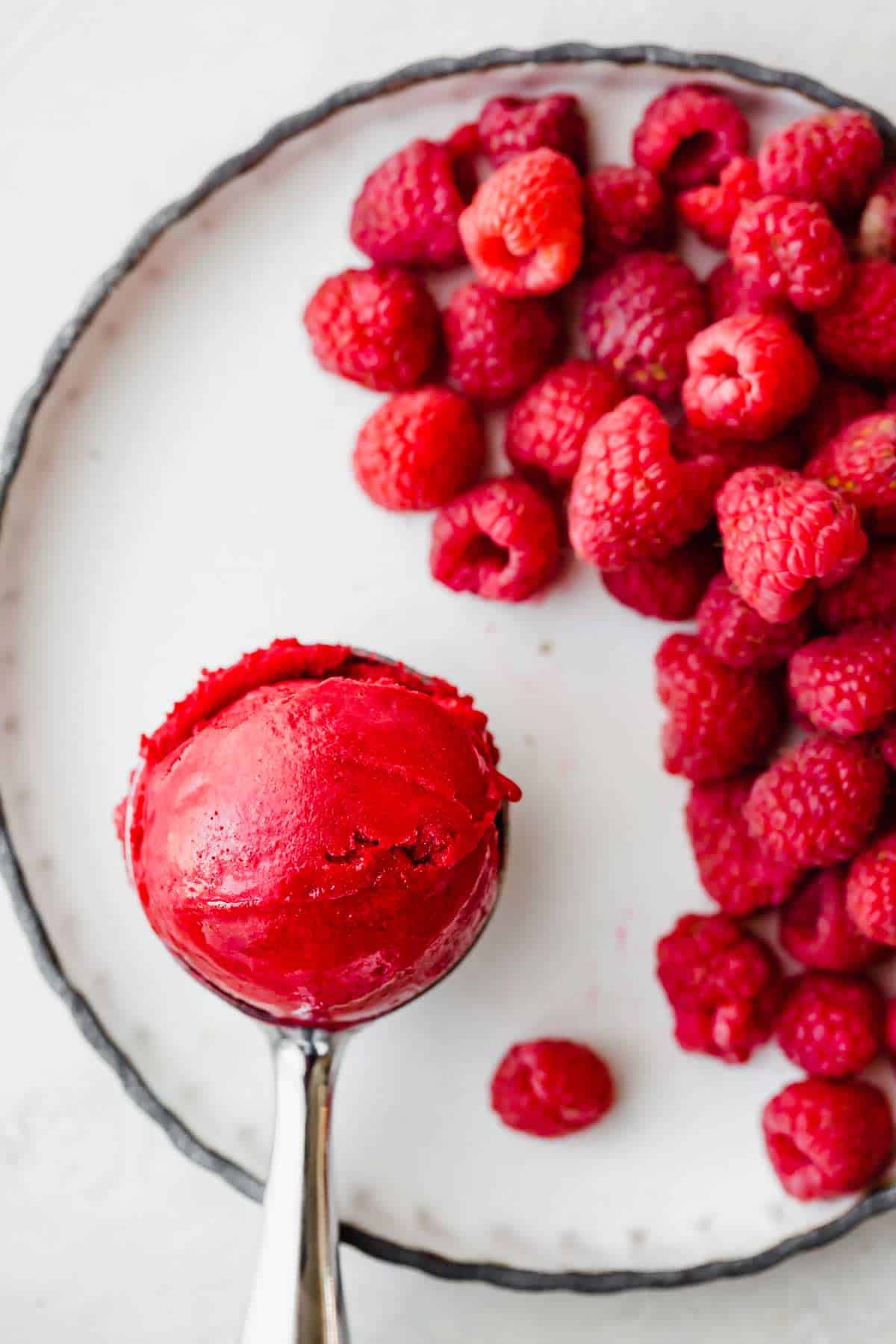 Raspberry Sorbet in an ice cream scoop with fresh raspberries to the right of the scooper.