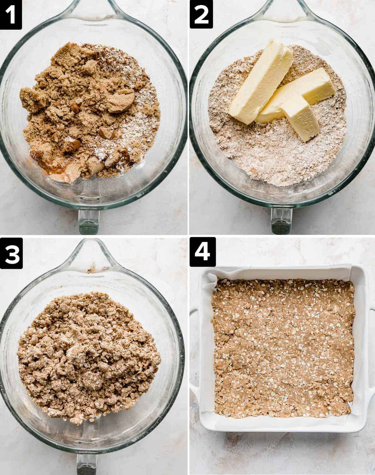 Four images showing how to make a white chocolate caramelitas recipe.
