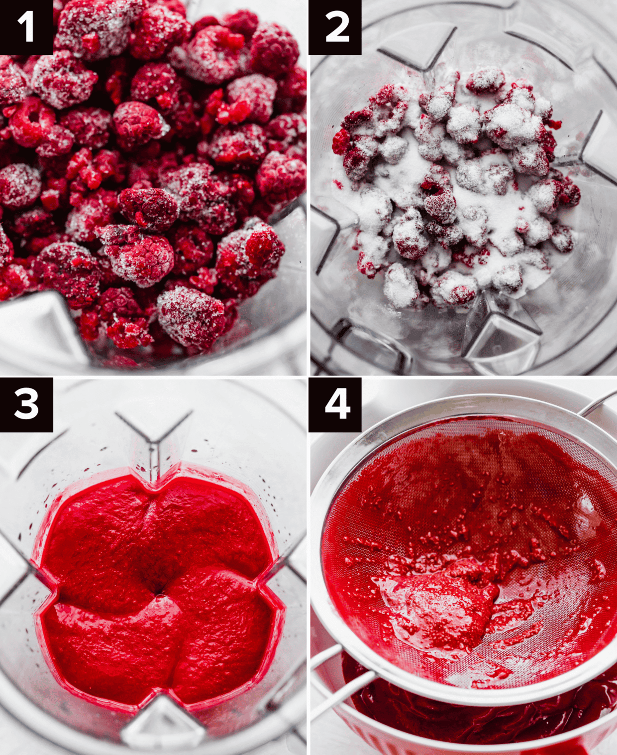 Four images showing how to make Raspberry Sorbet using corn syrup, a blender, and churning in ice cream maker.