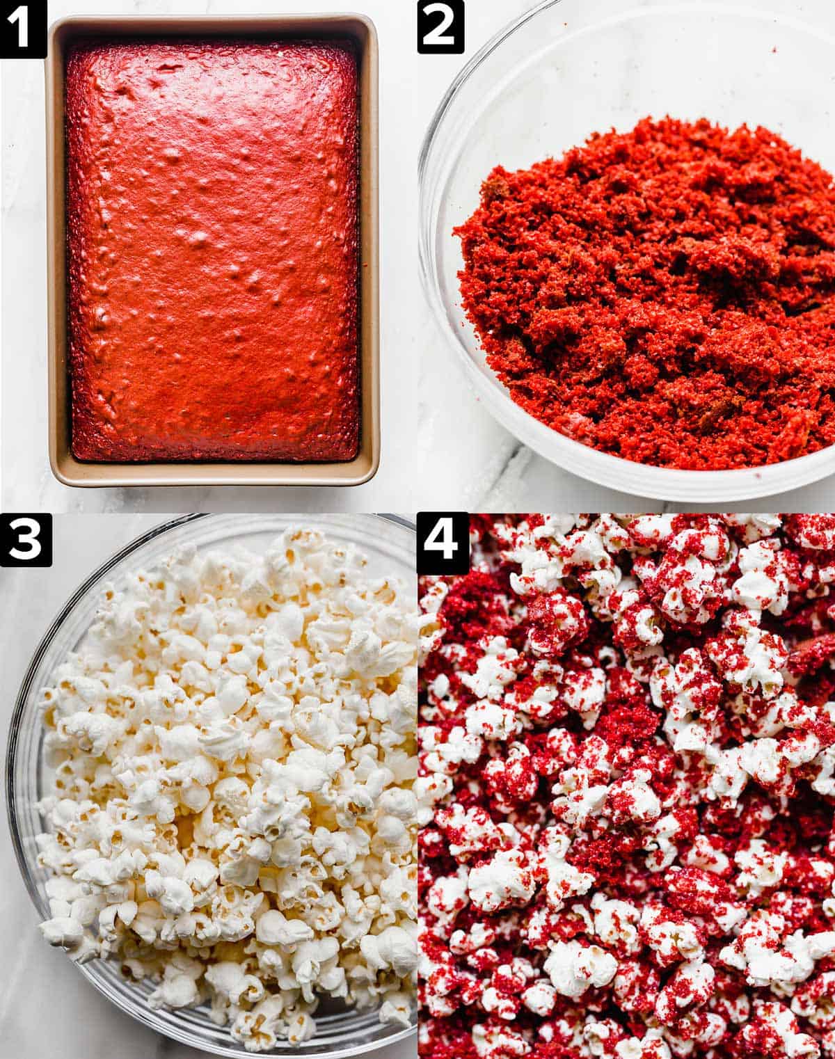 Four images showing how to make Red Velvet Popcorn: a baked red velvet cake in a pan, crumbled red velvet cake in a glass bowl, popcorn in a glass bowl, close up of Red Velvet Popcorn.