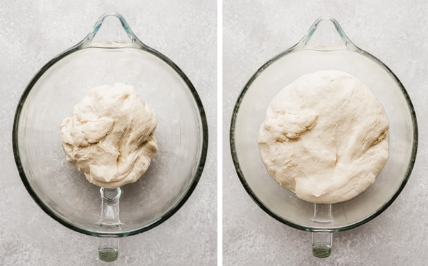 Two process photos of naan bread dough before rising and after rising for an hour. 