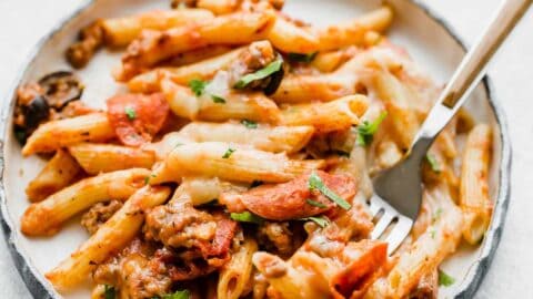 Deconstructed Pizza Casserole on a black plate.