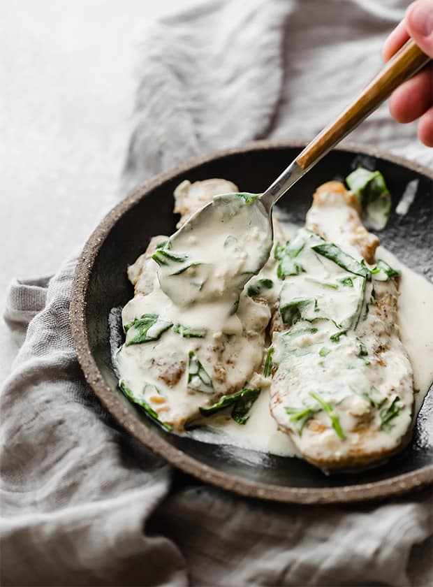 Two chicken breasts topped with a creamy dijon mustard chicken sauce.
