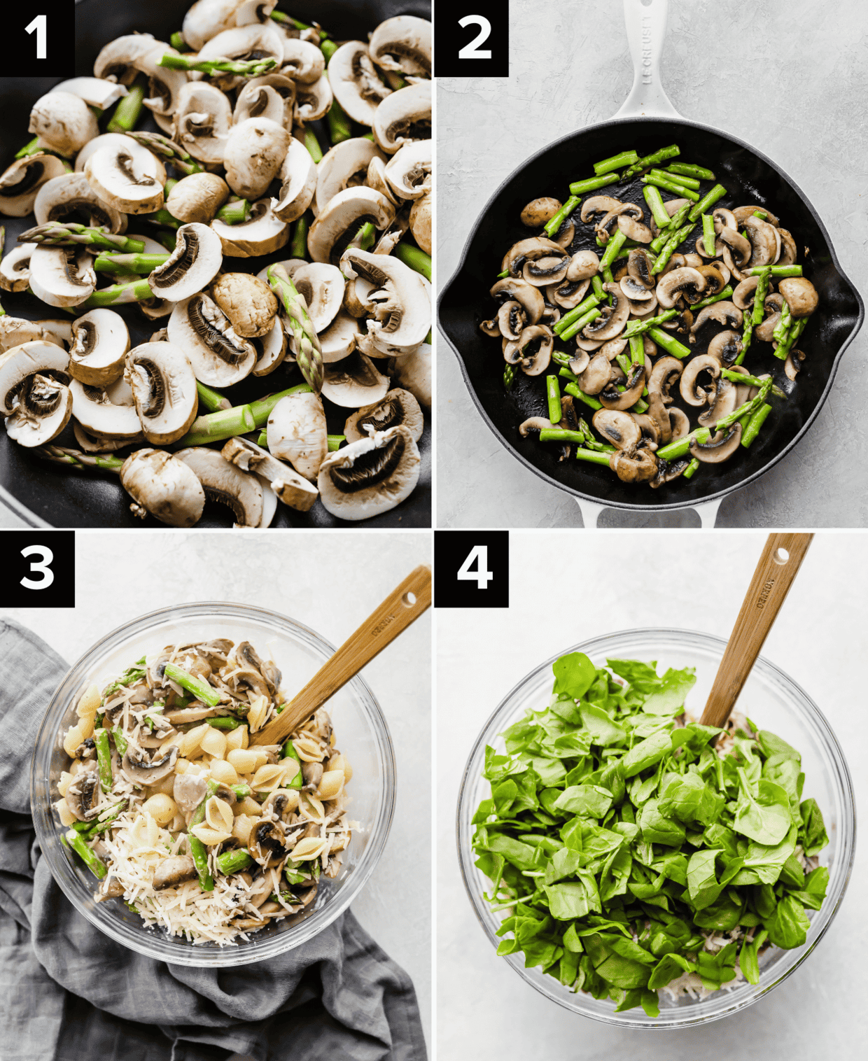 Four photos showing how to make Asparagus Spinach Pasta with goat cheese, top left image is mushrooms in a pot, top right is cooked mushrooms and asparagus in a skillet, bottom left image is glass bowl filled with pasta and mushrooms/asparagus, and bottom right is spinach in a large glass bowl. 