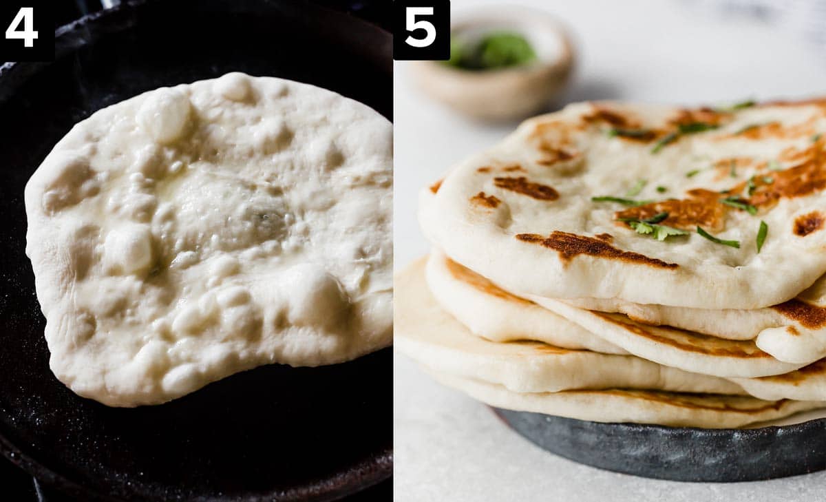 Two images, left image is Greek Yogurt Naan Bread on a cast iron skillet, high image is a stack of naan bread yogurt topped with chopped cilantro.