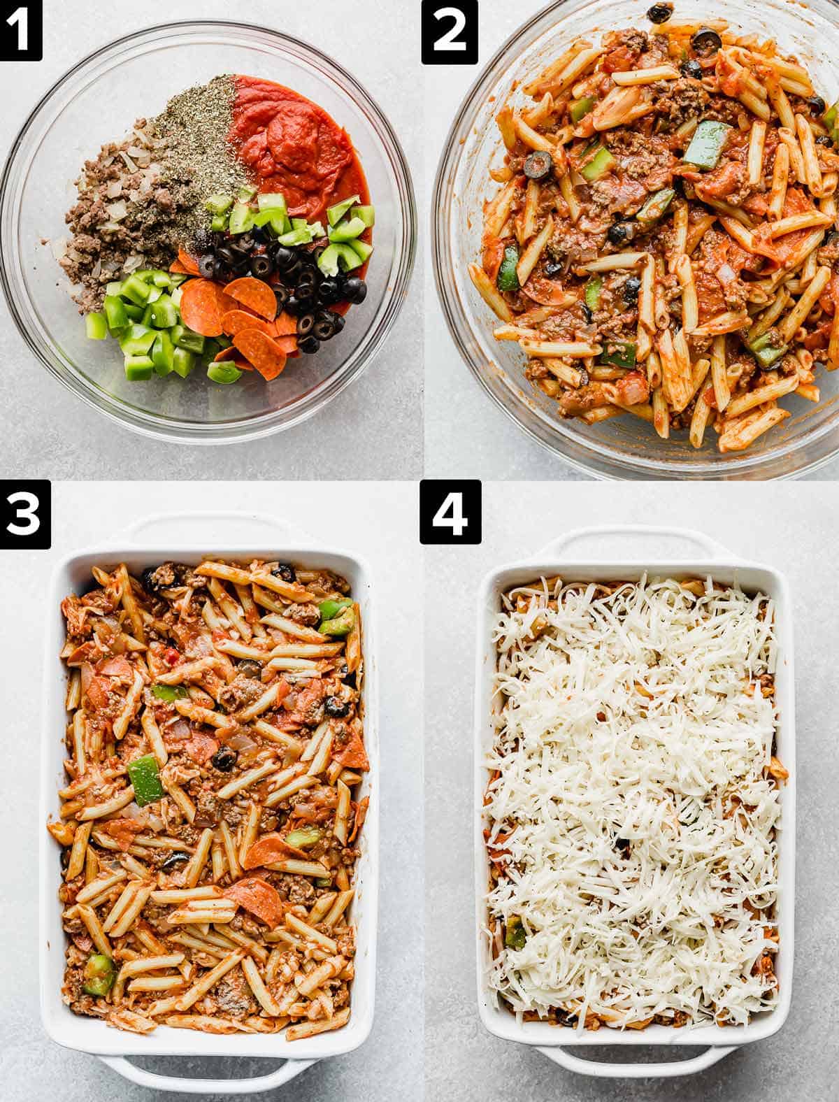 Four images showing how to make a Deconstructed Pizza Casserole.