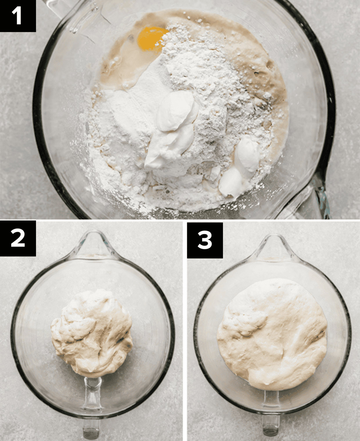 Three images showing how to make yogurt naan dough in a glass mixing bowl on a light gray background.