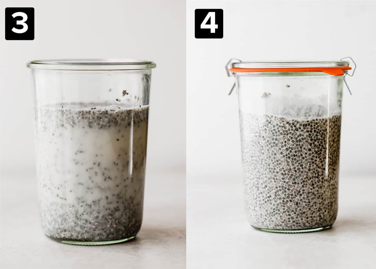 Two photos: the left photo has chia seeds mixed into milk in a glass jar, the right photo is a thickened chia pudding in a glass jar.