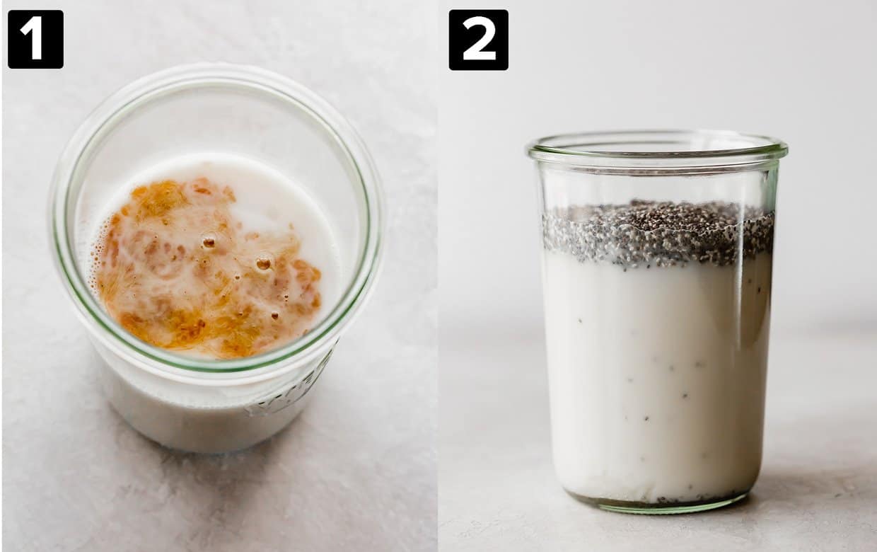 Two photos of chia pudding being made: left photo is milk with vanilla extract in a glass jar, the right photo has chia seeds on top of the milk in the jar. 
