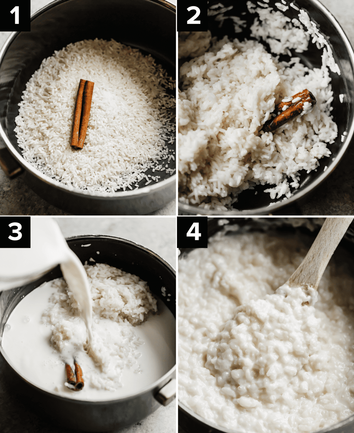 Four images showing how to make Mexican Rice Pudding (Arroz con Leche) in a black pot