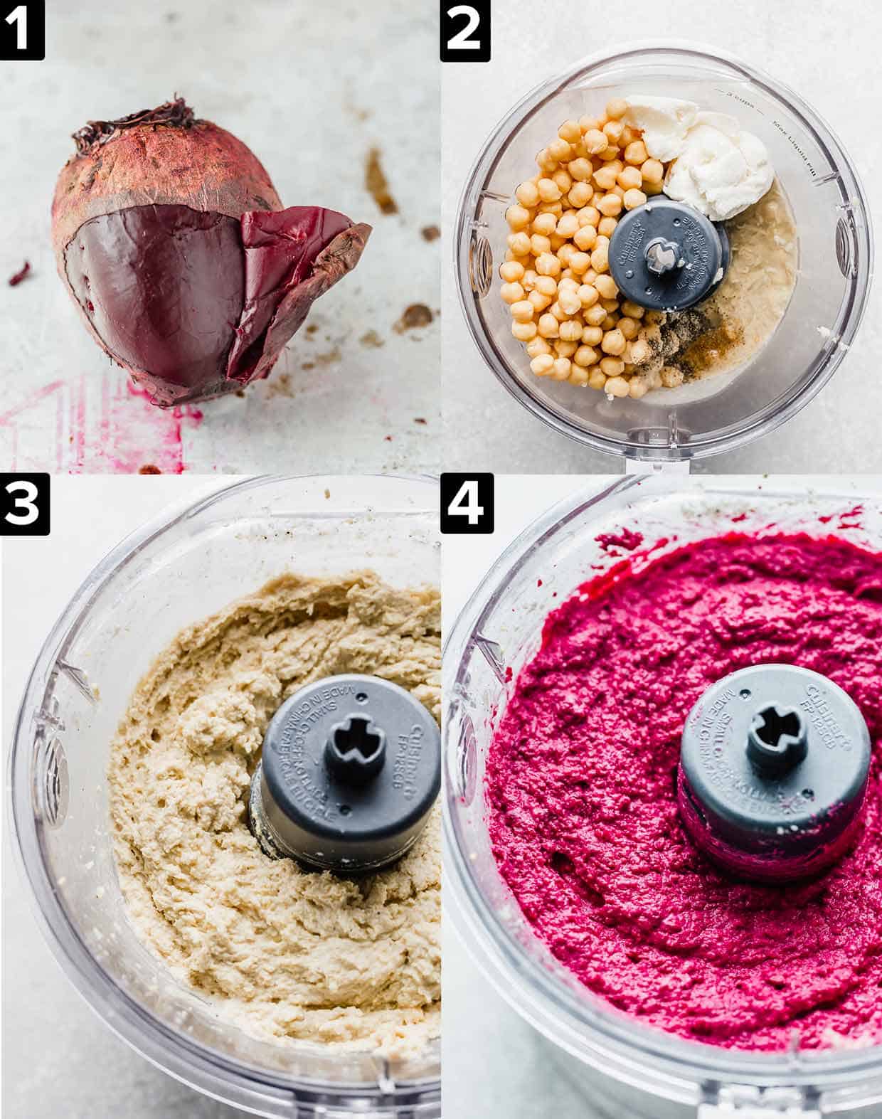 Four images showing how to make Beet Hummus. Top left is a baked beet with the skin coming off. Top right image is chickpeas, tahini, and ricotta in a food process. Bottom left is mixture just stated mixed. Bottom right tis bright purple Beet Hummus in a food processor.