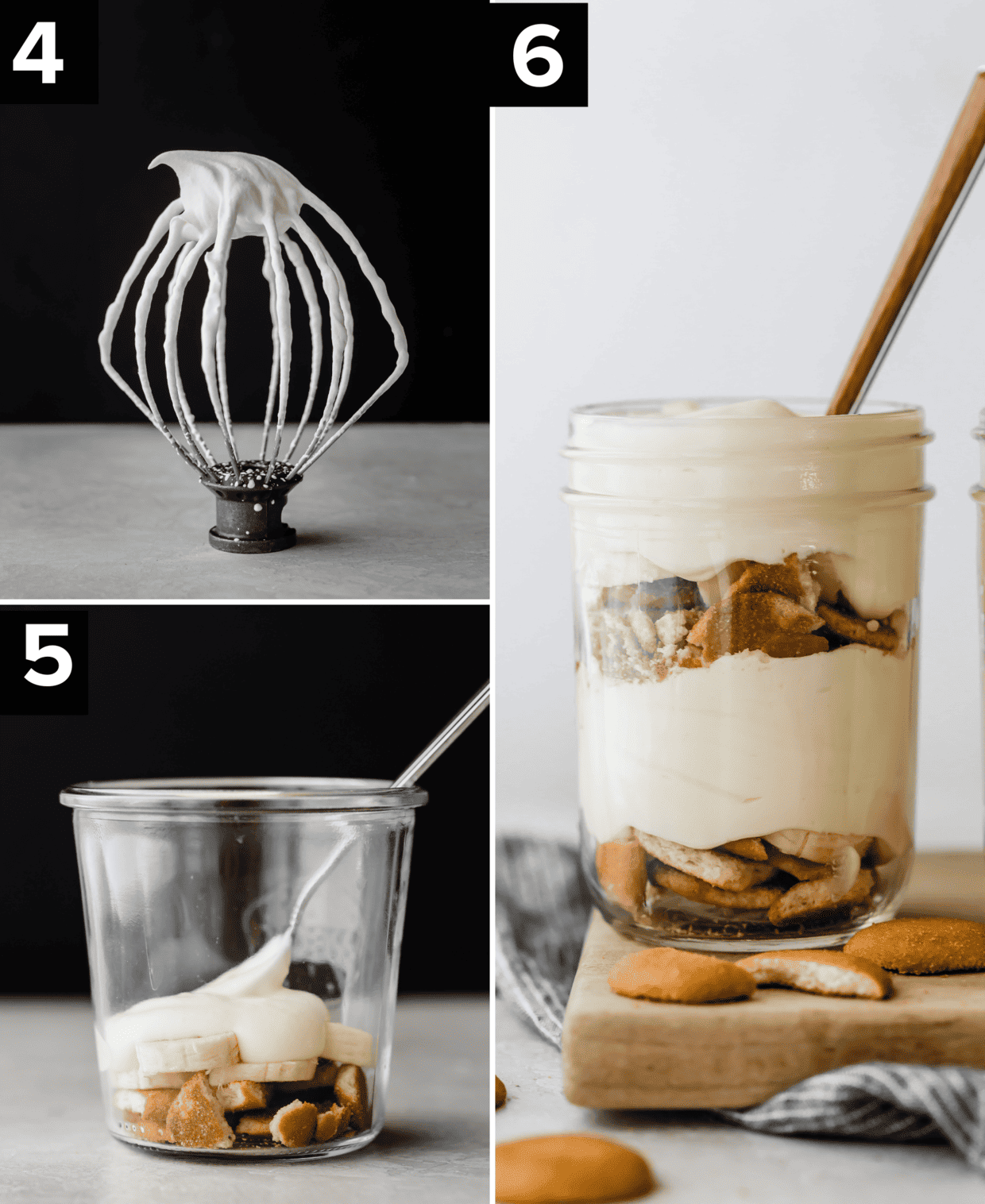 Three images, top left is whipped cream on a whisk, bottom left is Nilla wafers in a jar topped with white pudding, right image is layered Magnolia Bakery Banana Pudding in a jar.