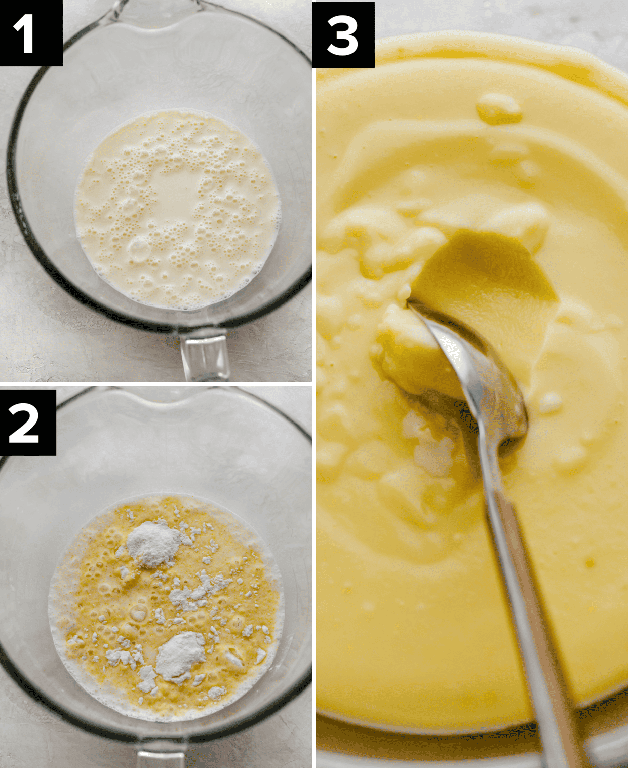 Three images showing how to make Magnolia Bakery Banana Pudding, top left is white mixture in glass bowl, bottom left is yellow liquid mixture in glass bowl, right image is hardened yellow pudding in glass bowl.