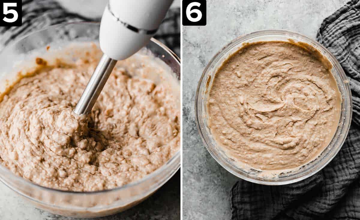 Left image is a hand blender mixing refried beans in glass bowl, right image is cooked refried beans in glass bowl.