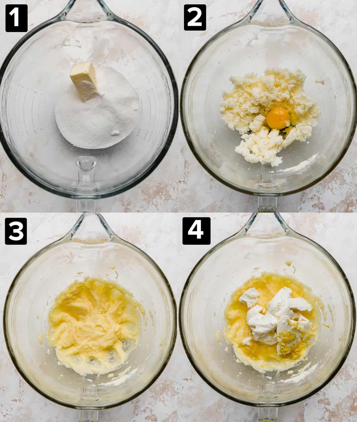 Four photos illustrating how to make lemon ricotta cookies: sugar and butter in a glass bowl, creamed butter and sugar with an egg, and the resulting mixture. 
