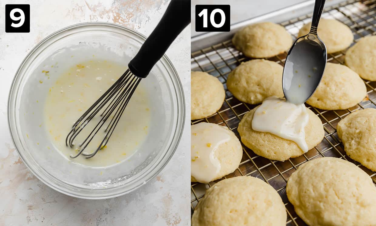 A bowl with lemon glaze in it, and a spoon drizzling lemon glaze over Lemon Ricotta Cookies.