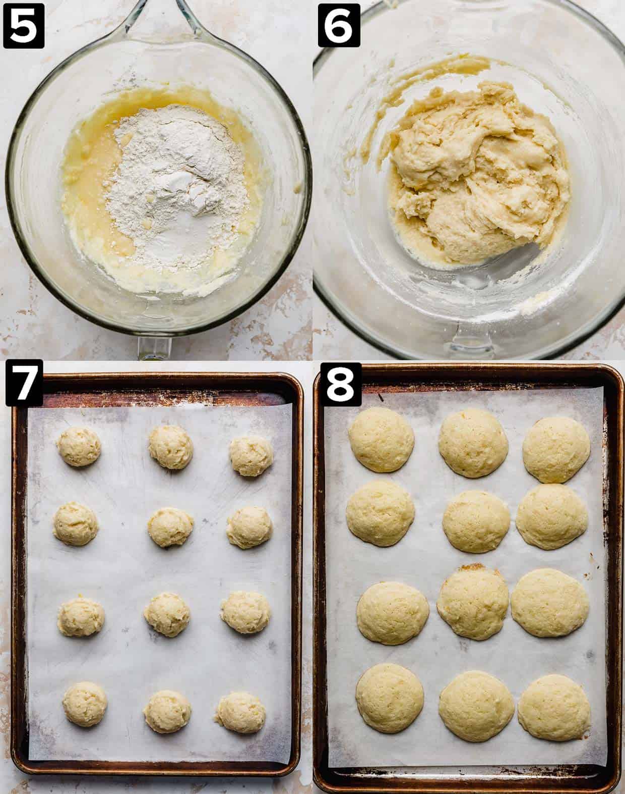 Four photos showing the end process of making Lemon Ricotta Cookies, the dough in a bowl and then portioned in balls on a baking sheet, and then baked cookies.