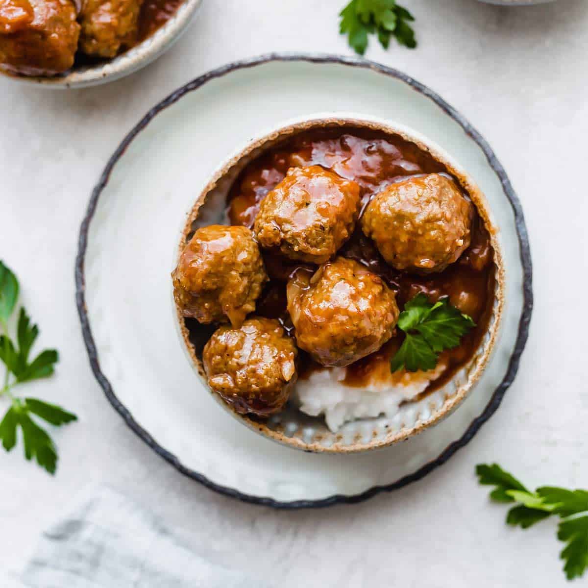 Overhead photo of easy crock pot BBQ Pineapple Meatballs in a bowl.