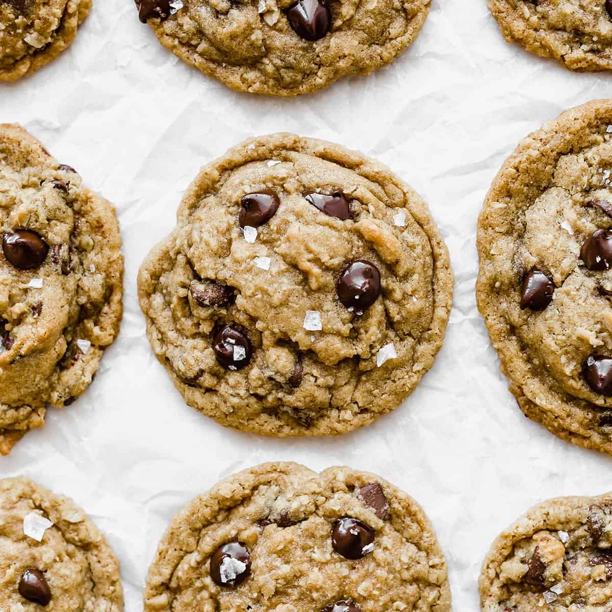 Brown Butter Chocolate Chip Cookies on a white background.