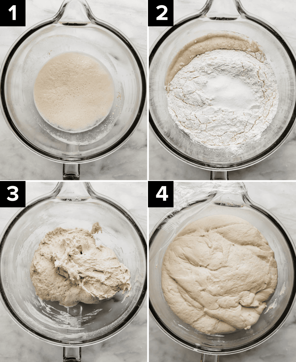 Four images with a glass mixing bowl each showing the progressive making of the best pizza dough recipe.