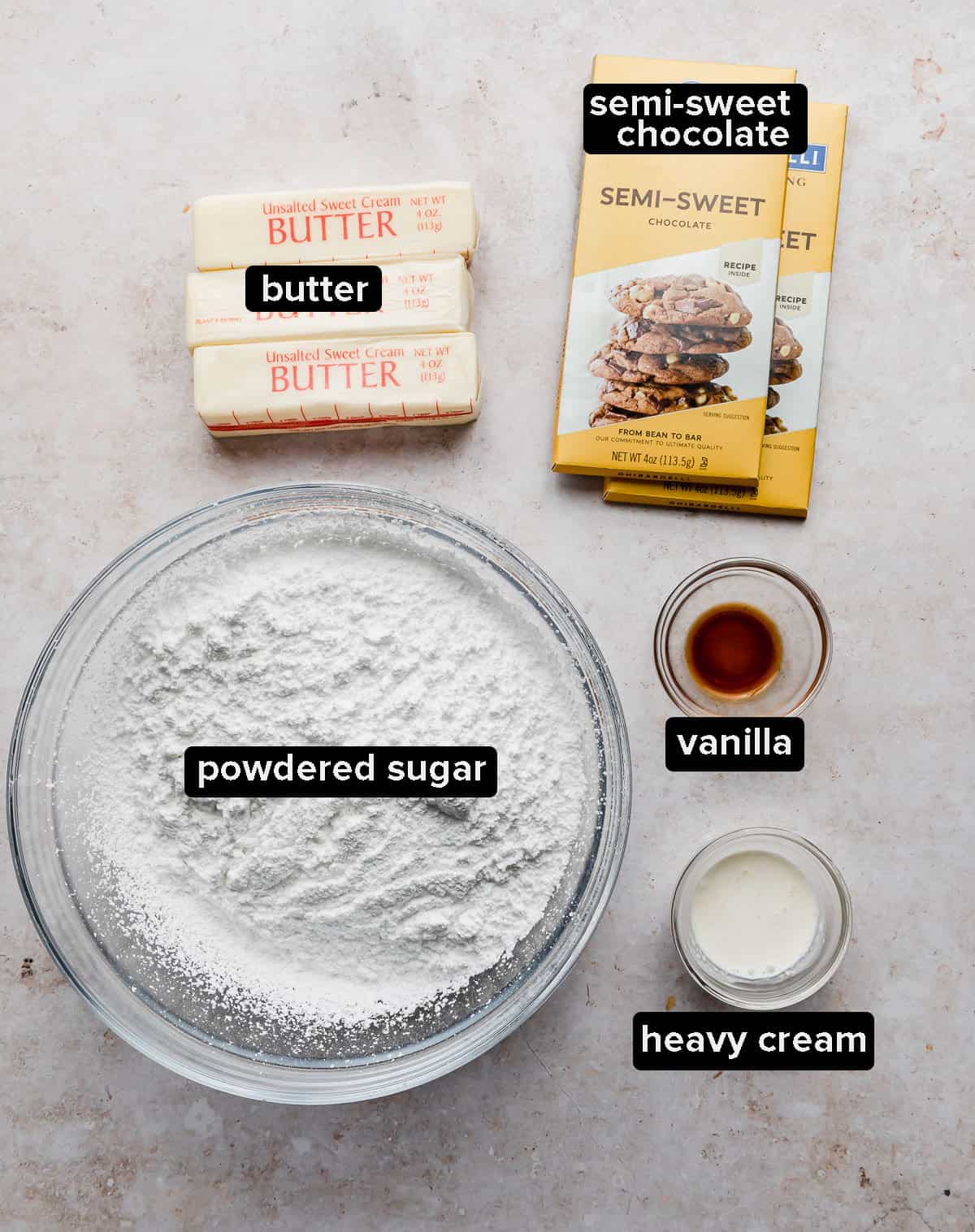 Ingredients used to make chocolate buttercream frosting.