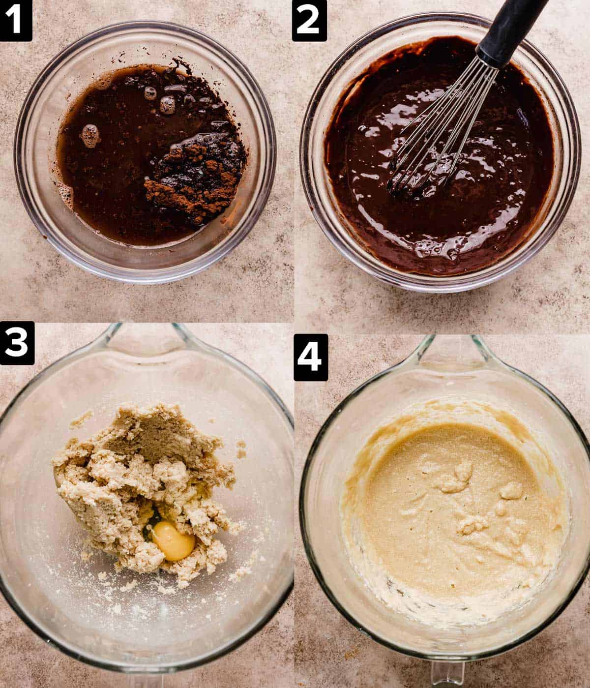 Top left photo is glass bowl with hot water, chopped chocolate and cocoa. Top right photo is a whisk stirring a melted chocolate mixture. Bottom left photo is creamed sugar and butter with an egg. Bottom right photo is a light yellow mixture in glass bowl.