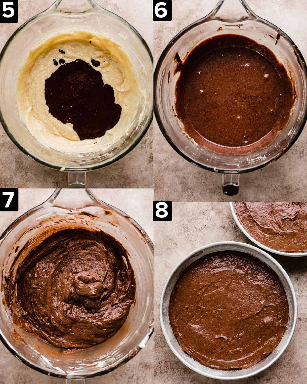 Top left image is yellow mixture in a glass bowl with melted chocolate overtop. Top right image is a brown wet ingredients to make Traditional German Chocolate Cake in a glass bowl. Bottom left image is Traditional German Chocolate Cake batter in a glass bowl. Bottom right image is Traditional German Chocolate Cake batter in a circle pan.