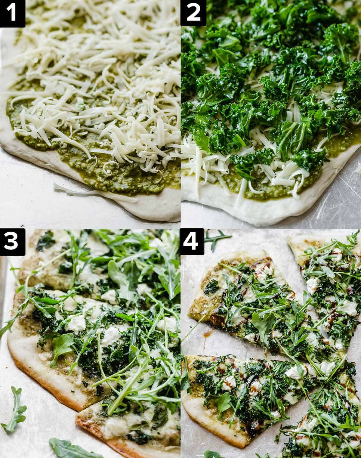 Four images showing the process of making a kale pizza.