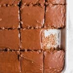 Overhead photo of frosted Texas Sheet Cake cut into small squares.