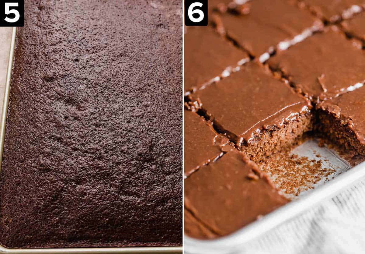 Two images: left image is a baked Texas Sheet Cake in a pan, right image is a freshly frosted Texas Sheet Cake cut into squares.