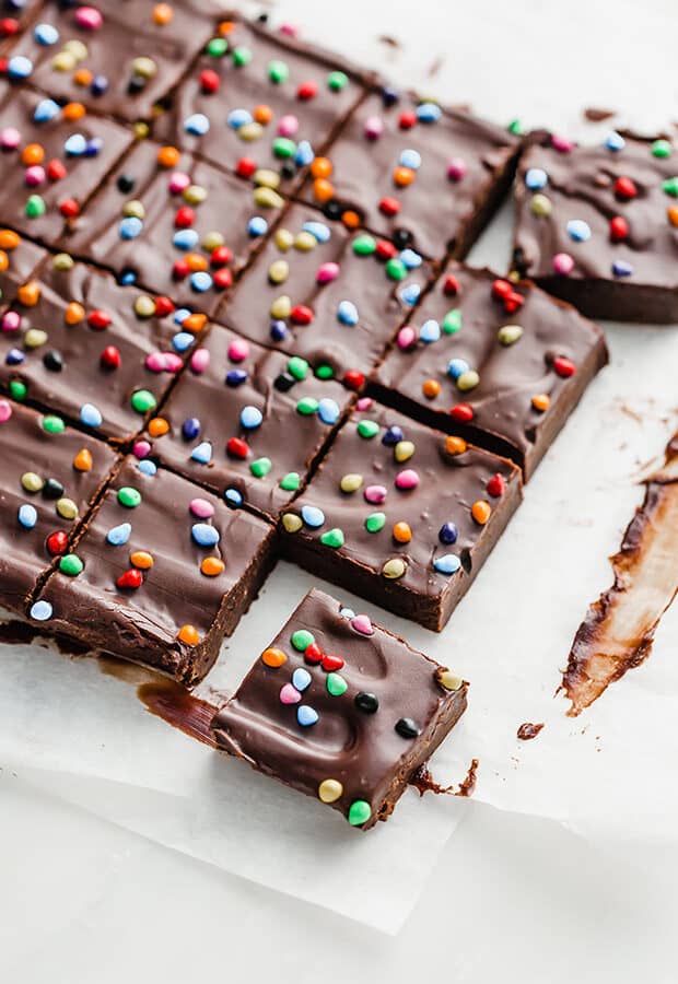 Cosmic Brownies cut into squares.