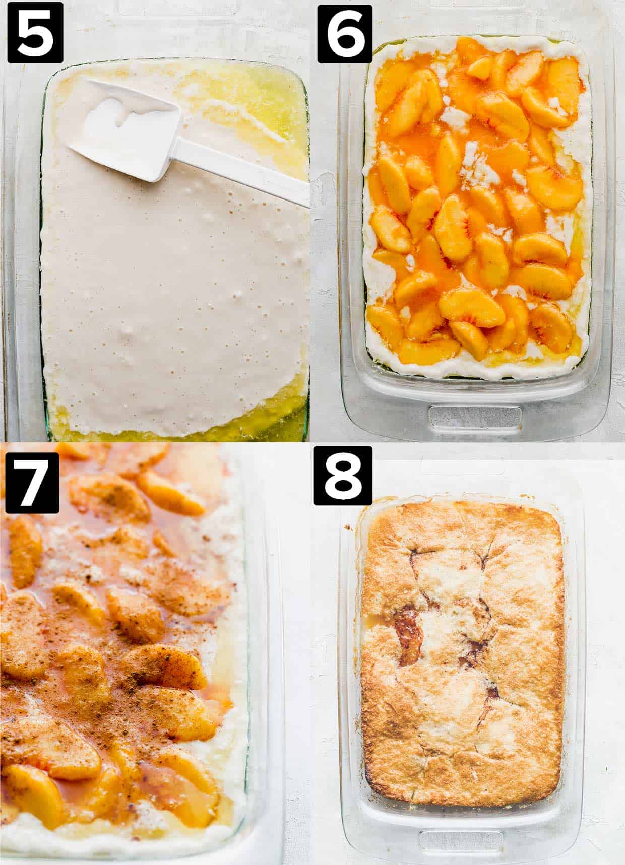 Four images showing how to make easy peach cobbler recipe: spatula spreading batter over melted butter, peach topping in the pan, cinnamon sprinkled over the peaches, final baked peach cobbler. 