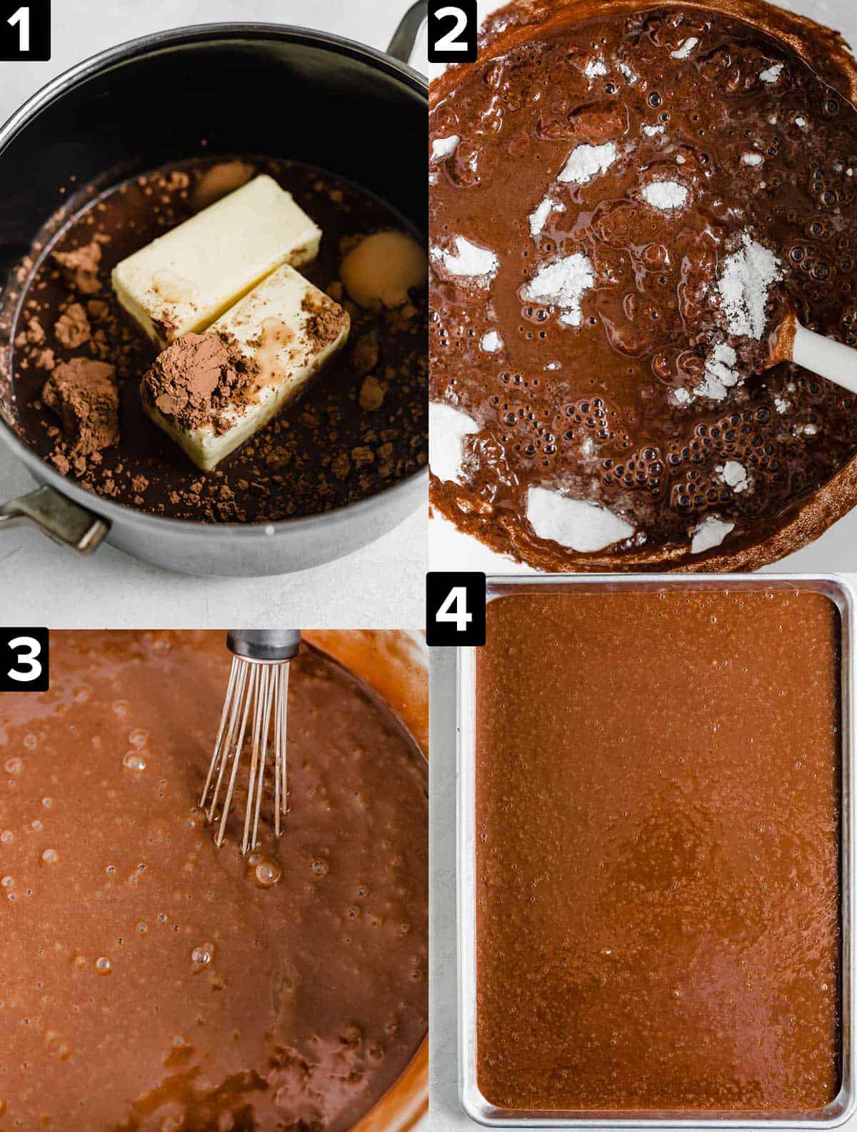 Four images showing how to make Texas Sheet Cake batter.